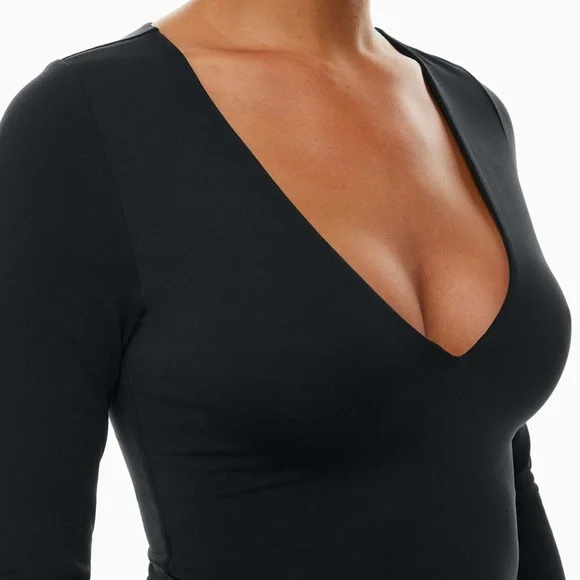 Aritzia Babaton Contour Deep V Long Sleeve Top Blue SM Sculpt Plunge Stretchy - Picture 9 of 9